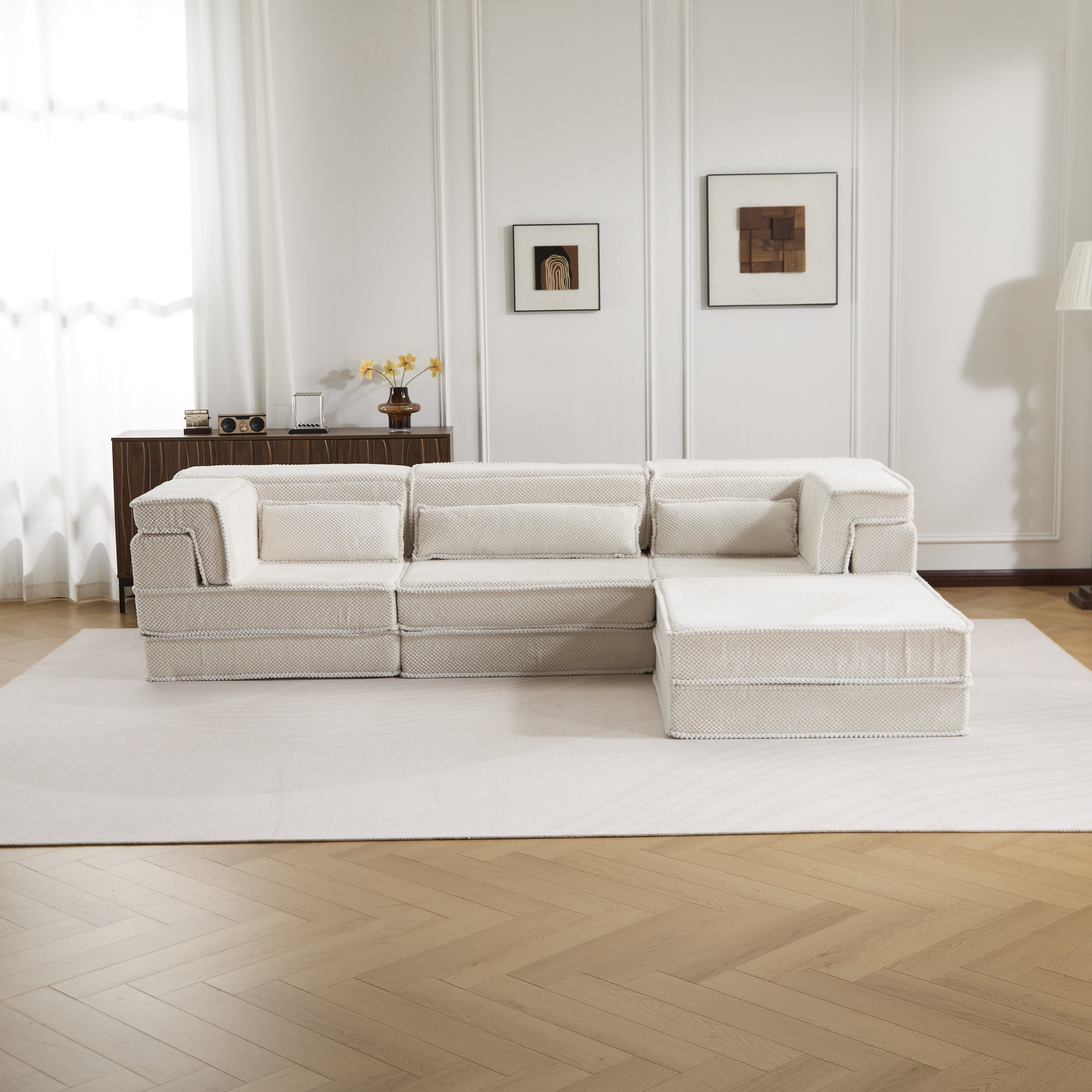 Kompressions-Mahjong-Sofa, umklappbares Boden-Sofabett, DIY knochenloses modulares Sektionssofa, keine Montage erforderlich, runder Fleece-Stoff, überdimensioniertes 4-Sitzer-Sofa mit 3 Kissen, weiß