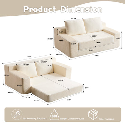 Zweisitzer-Sofa, Bequemes Sofa-Bett mit tiefer Sitzfläche, Modernes kleines Cord-Sofa für Wohnzimmer und Schlafzimmer, Umkehrbare Sitzkissen mit Kissen, Keine Montage erforderlich, Weiß