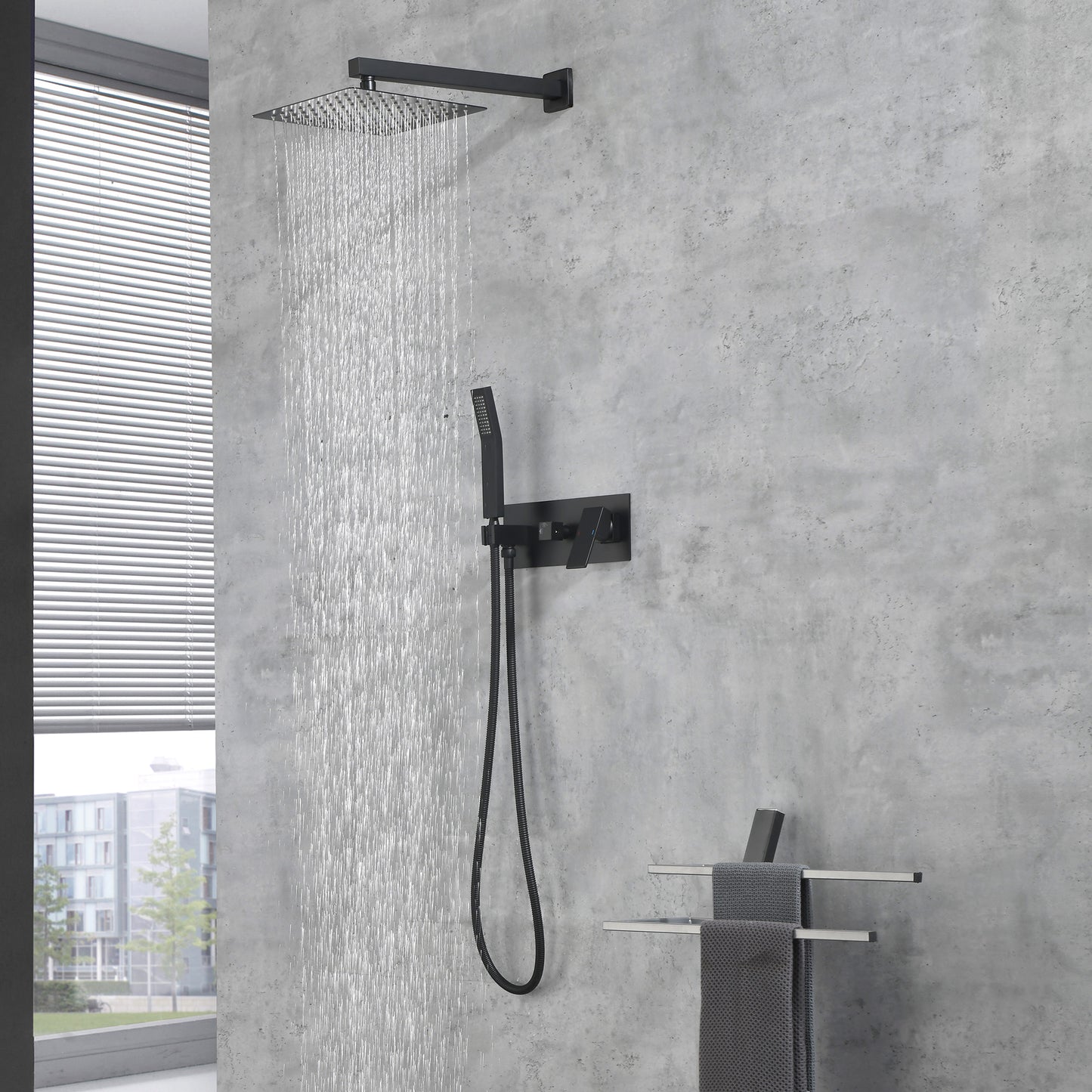 Messingdusche in mattschwarzer Ausführung mit Duschsystem, 10-Zoll-Duschkopf und Handbrause – Badezimmer-Deluxe-Duscharmatur-Kombination