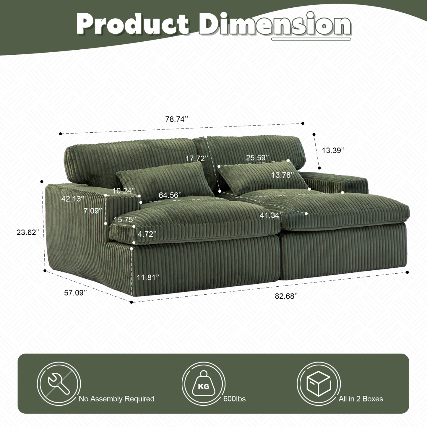 Doppelte Chaise-Lounge-Stuhl für Innenräume, Überdimensionierte Bezogene Schlafcouch Cloud-Sofa, Tief Sitzender Luxus-Sofabett, Sektionelles Sofa mit Chaise-Lounge und Loveseat, Corduroy-Lesestuhl für das Wohnzimmer, Keine Montage erforderlich, Grün