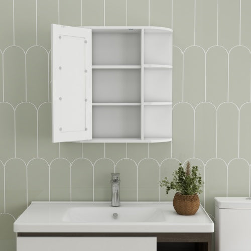 Wandmontierter Badezimmerschrank mit Spiegeltür, 6 offene Regale, 3 verstellbare Badezimmerschäume für Wohnzimmer, Waschraum, Schlafzimmer - Weiß
