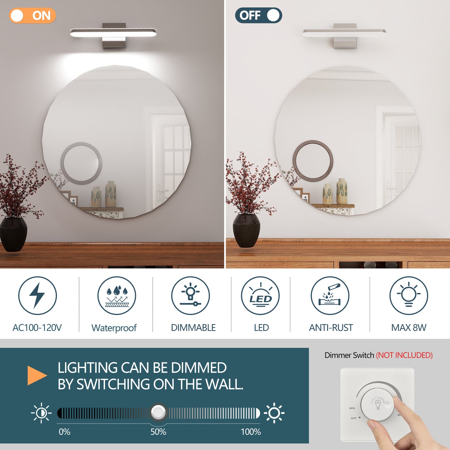 LED-Bad-Wandlampenleiste für Badezimmer, dimmbare Badezimmerleuchten, moderne Beleuchtung über dem Spiegel, 16-Zoll-Bad-Wandlicht, 8W Wandapplikation für Badezimmer, Schlafzimmer, Wohnzimmer, Innenräume, 6000K