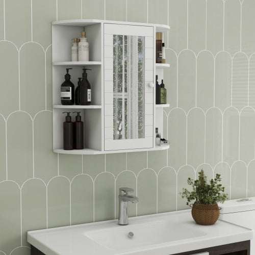 Wandmontierter Badezimmerschrank mit Spiegeltür, 6 offene Regale, 3 verstellbare Badezimmerschäume für Wohnzimmer, Waschraum, Schlafzimmer - Weiß