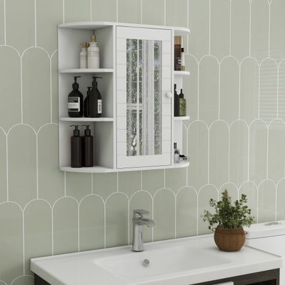 Wandmontierter Badezimmerschrank mit Spiegeltür, 6 offene Regale, 3 verstellbare Badezimmerschäume für Wohnzimmer, Waschraum, Schlafzimmer - Weiß