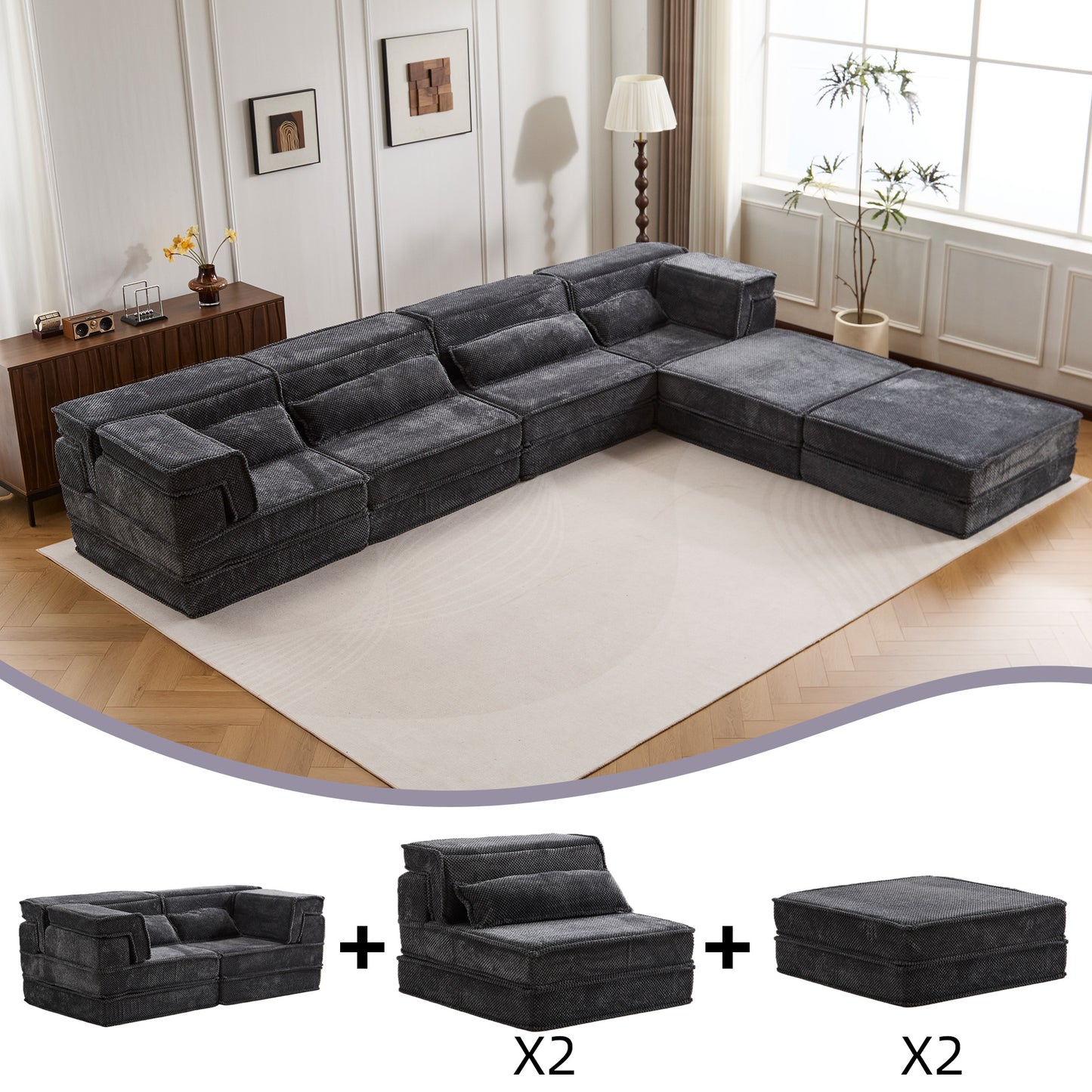Kompressions-Mahjong-Sofa, Umwandelbares Boden-Sofabett, DIY Knochenloses Modulares Sektionalsofa, Keine Montage Erforderlich, Kreisförmiger Fleece-Stoff, Überdimensioniertes 4-Sitzer-Sofa mit 2 Hocker, Dunkelgrau