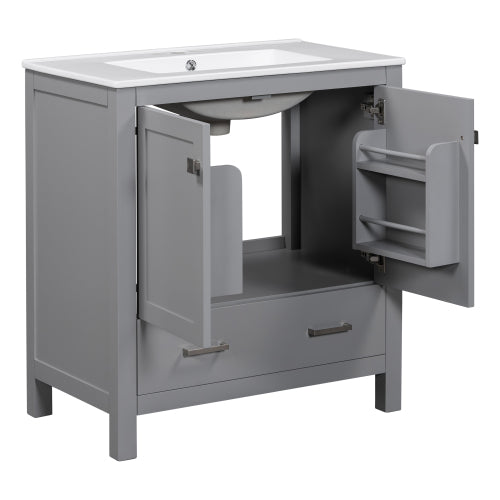 30  Gray Bathroom Vanity With Single Sink, Combo Cabinet Undermount Sink, Bathroom Storage Cabinet With 2 Doors And A Drawer, Soft Closing, Multifunctional Storage, Solid Wood Frame