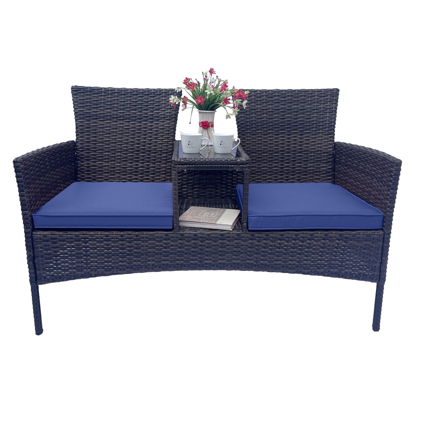 Wicker Patio-Gesprächsmöbel-Set, Outdoor-Möbel-Set mit abnehmbaren Polstern & Tisch, Temp