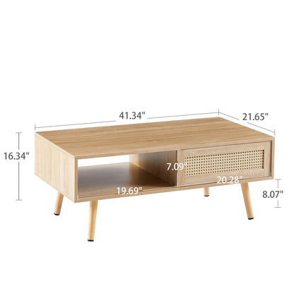 41.34 Inch Rattan Coffee Table, Sliding Door For Storage, Solid Wood Legs, Modern Living Room Table, Natural