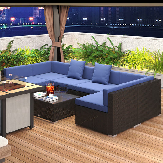 7-teiliges Rattan-Sofa, Outdoor-Patio-Möbelset mit abnehmbaren Kissen und Hocker, Glas-Couchtisch – Dunkelbraun Blau