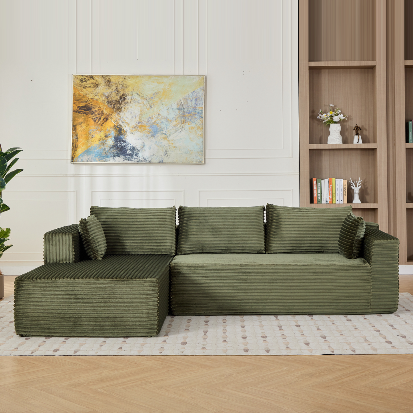 Kompressions-Sektionale Couch mit bequemer Chaise, knochenlose L-förmige Sofa mit tiefem Sitz, minimalistisches modulares Couch-Sofa als Schlafcouch für Wohnzimmer, Schlafzimmer, Apartment und Lounge, Corduroy, Grün
