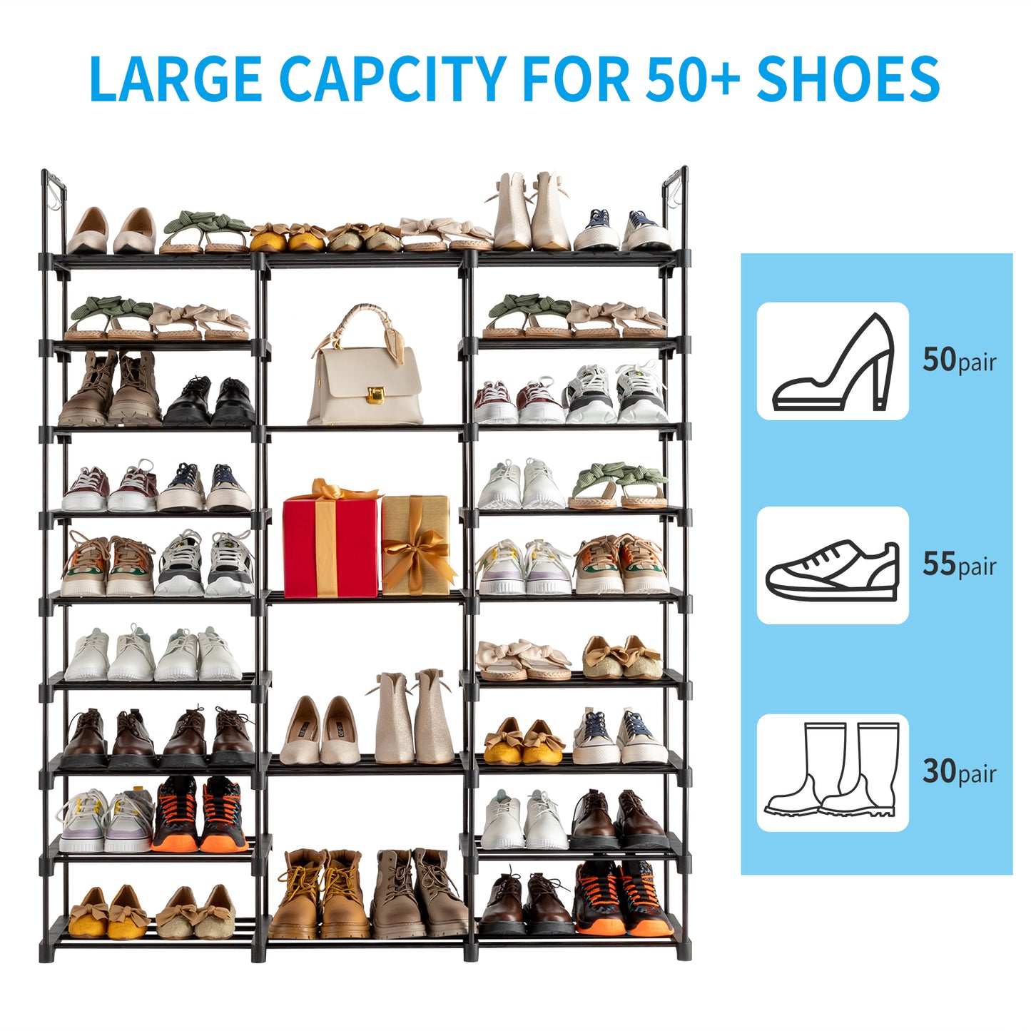 9-stufiges Schuhregal-Aufbewahrungssystem Schuhregal-Organizer für den Eingangsbereich Fassend für 50-55 Paar Schuhe, stapelbares Schuhschrank-Schuhregal