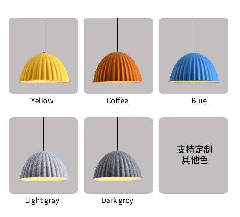 A modern ribbed felt pendant light acoustic available in yellow coffee blue light gray and dark grey for office use