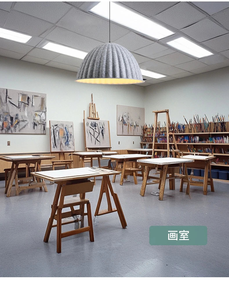 Gray ribbed felt pendant light acoustic office fixture hanging from ceiling with sound-absorbing properties