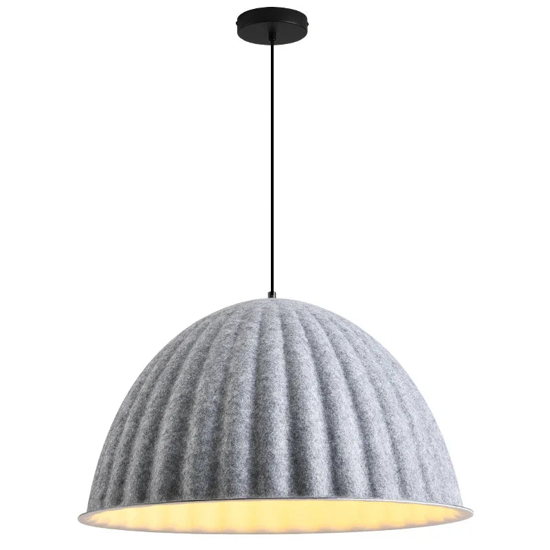 Gray felt dome pendant light with black ceiling mount and cord designed as a pendant light acoustic office solution