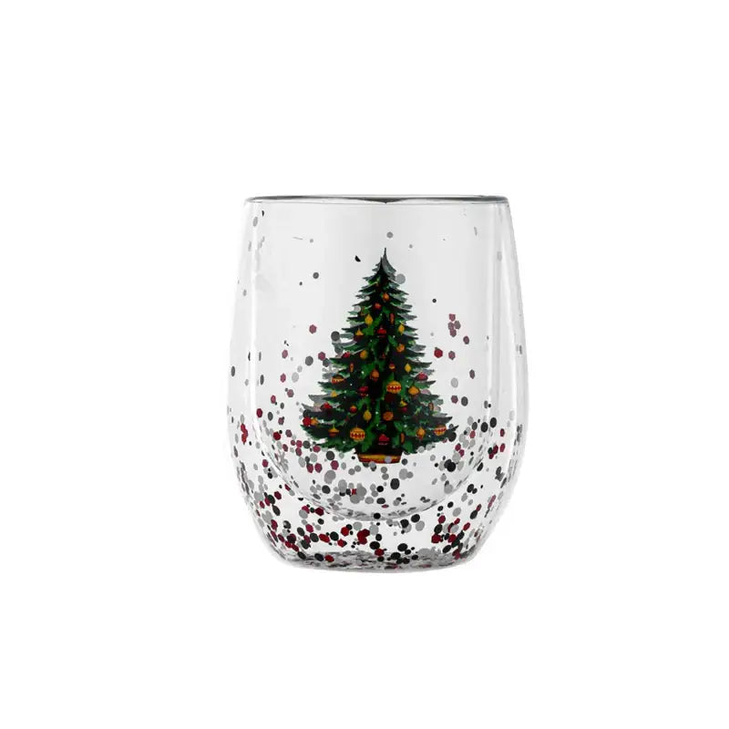 Clear stemless double wall glass mug with festive christmas tree design and red black silver glitter speckles