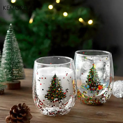 Clear double wall glass candle holders with festive christmas tree decals and colorful glitter confetti inside