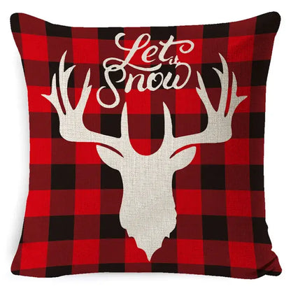 Festive red and black plaid elk print linen pillowcase with white deer head silhouette and let it snow text for living room decorbites elk print