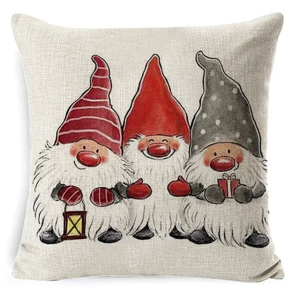 Beige linen throw pillow with festive gnome illustration for decorbites elk print linen pillowcase decor