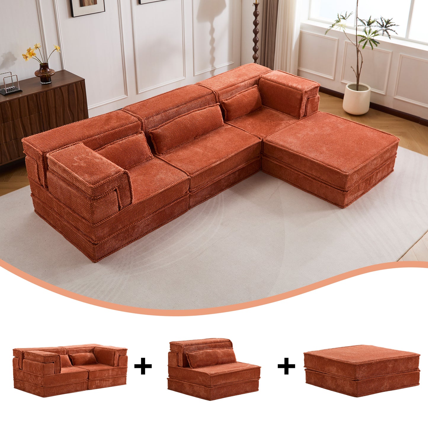 Kompressions-Mahjong-Sofa, Umwandelbares Boden-Sofabett, DIY Knochenloses Modulares Sektionssofa, Keine Montage Erforderlich, Kreisförmiger Fleece-Stoff, Überdimensioniertes 3-Sitzer-Sofa mit 1 Hocker, Orange