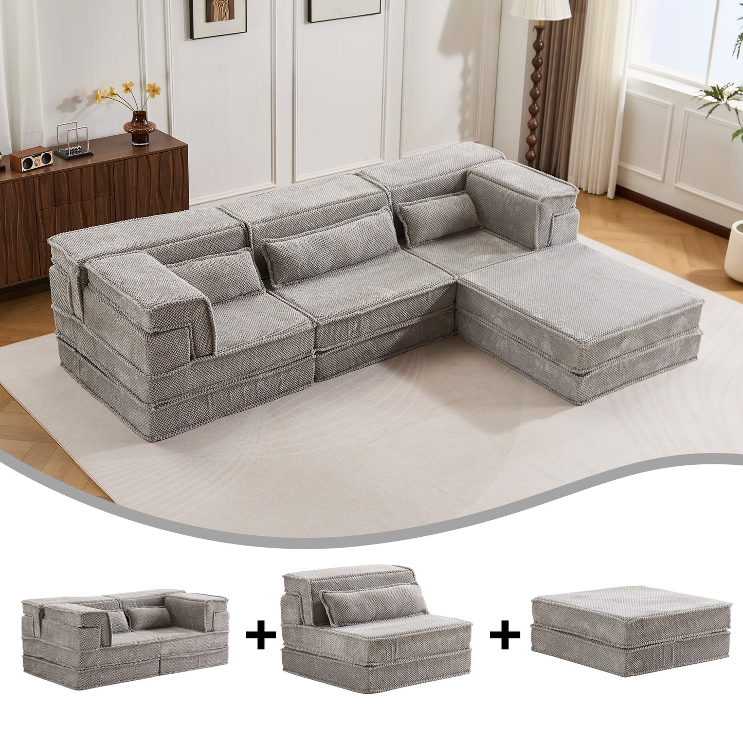 Kompressions-Mahjong-Sofa, umklappbares Boden-Sofabett, DIY knochenloses modulares Sektionssofa, keine Montage erforderlich, Kreis-Fleece-Stoff, überdimensioniertes 3-Sitzer-Sofa mit 1 Hocker, Hellgrau