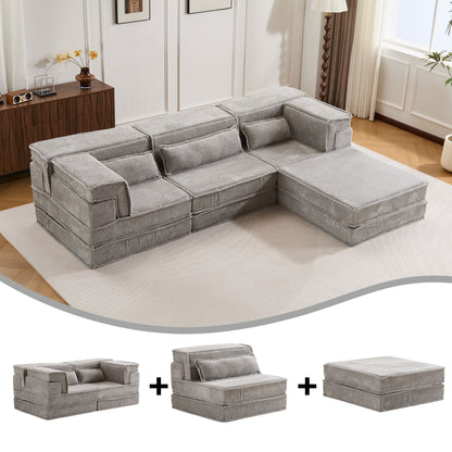 Kompressions-Mahjong-Sofa, umklappbares Boden-Sofabett, DIY knochenloses modulares Sektionssofa, keine Montage erforderlich, Kreis-Fleece-Stoff, überdimensioniertes 3-Sitzer-Sofa mit 1 Hocker, Hellgrau