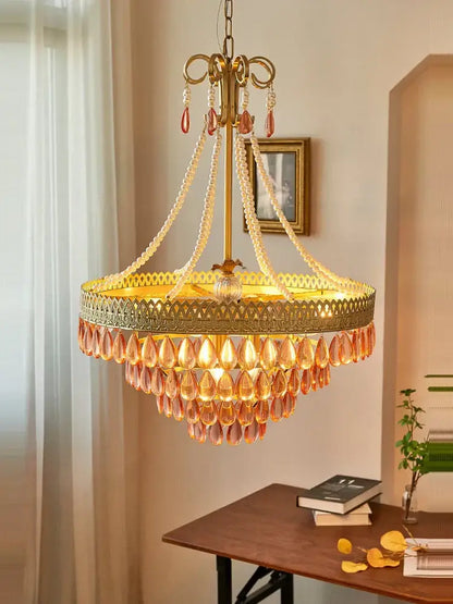 Filigree gold crystal led ceiling chandelier with amber teardrop crystals and beaded chains for dining room decorbites crystal led
