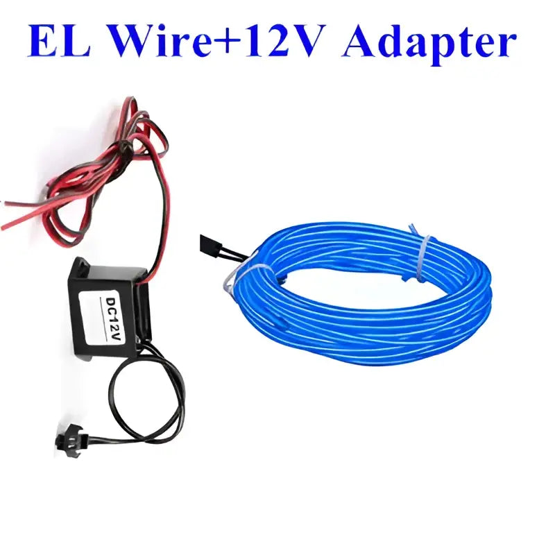 Blue flexible neon light el wire coiled beside a black 12v adapter with red and black wires for car and bedroom decorbites 3v neon lighting