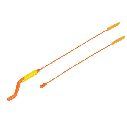 Flexible orange and yellow plastic drain cleaner brush with curved handle for kitchen clog removal