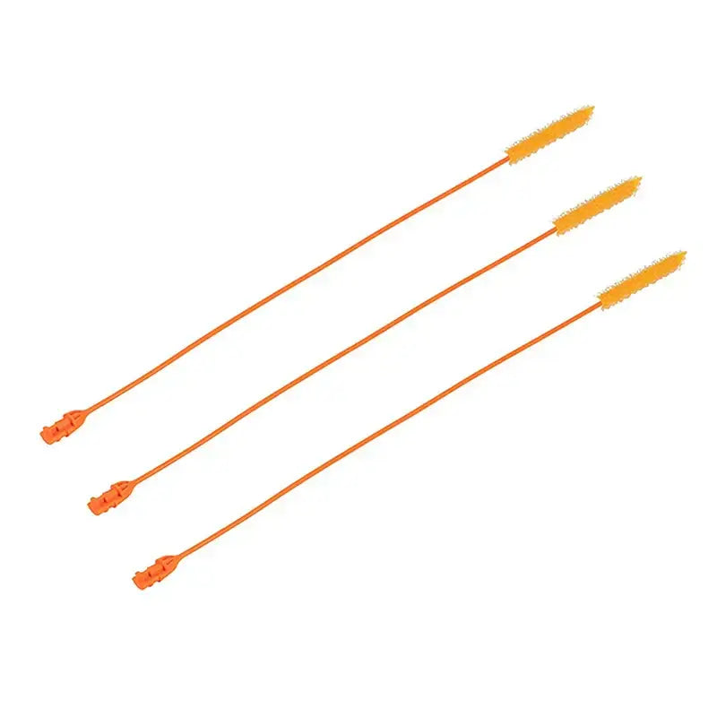 Three bright orange plastic decorbites drain cleaner brush with flexible bristles and molded handles for kitchen use