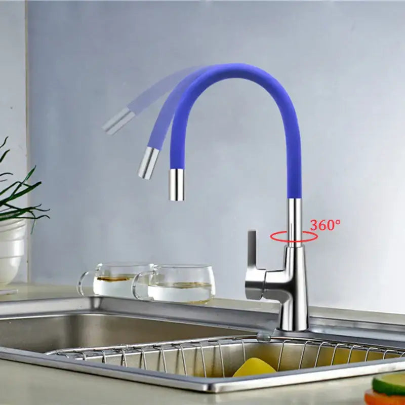 Blue flexible silica gel nose kitchen faucet with chrome finish base and 360-degree swivel gel nose design