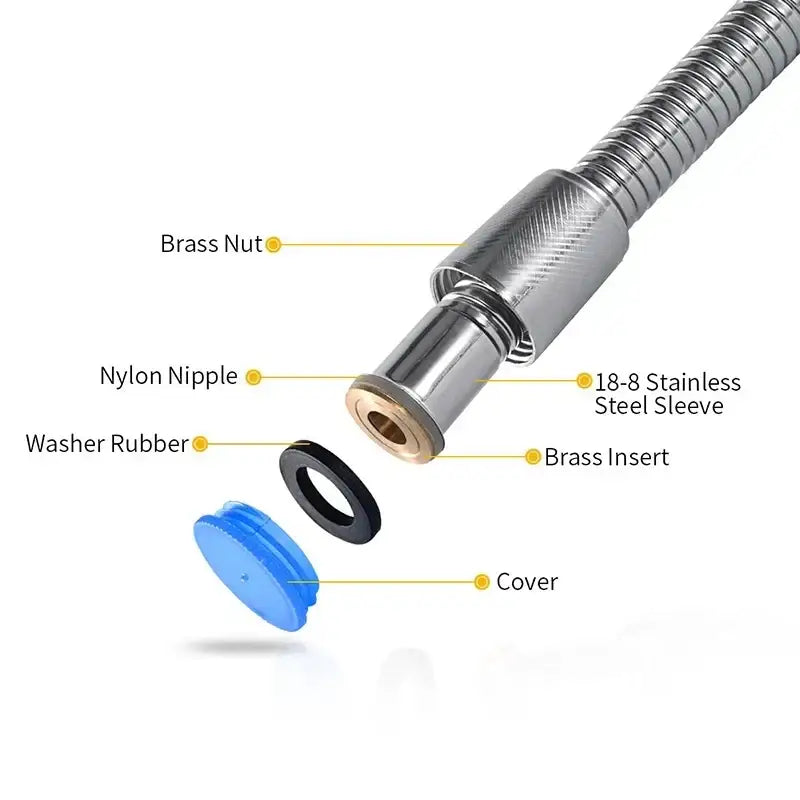 Flexible silver stainless steel shower hose with brass nut, 18-8 stainless steel sleeve, and blue plastic cover decorbites 3m silver