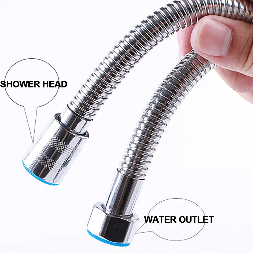 Flexible silver stainless steel shower hose with chrome finish, textured grip, and blue rubber seals by decorbites 3m silver