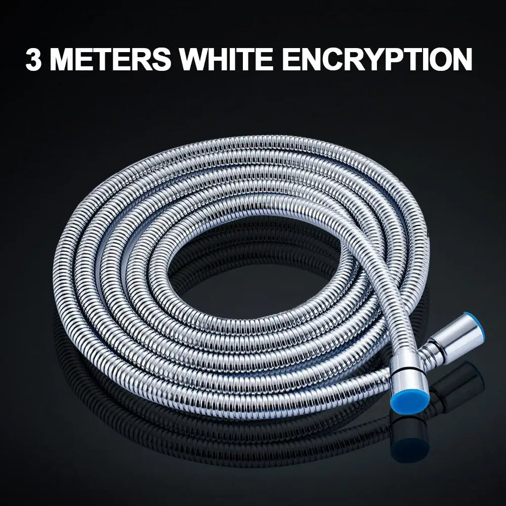 Flexible silver stainless steel shower hose with a 3-meter white coiled design and blue-tipped decorbites 3m silver connectors
