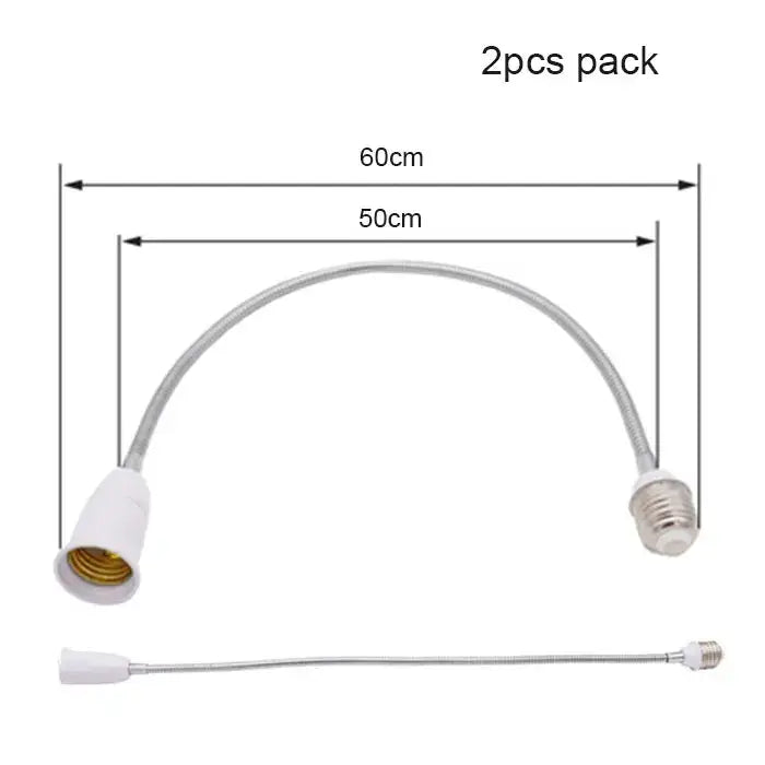 Flexible silver metal extension adaptor with white plastic ends and gold-colored e27 base sockets for decorbites gooseneck lamp
