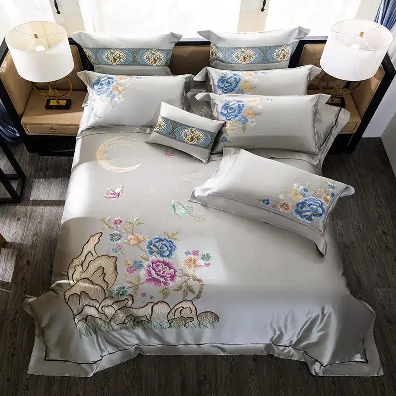 Silk satin floral 200s embroidered egyptian cotton bedding set with blue pink and gold embroidery on light gray base