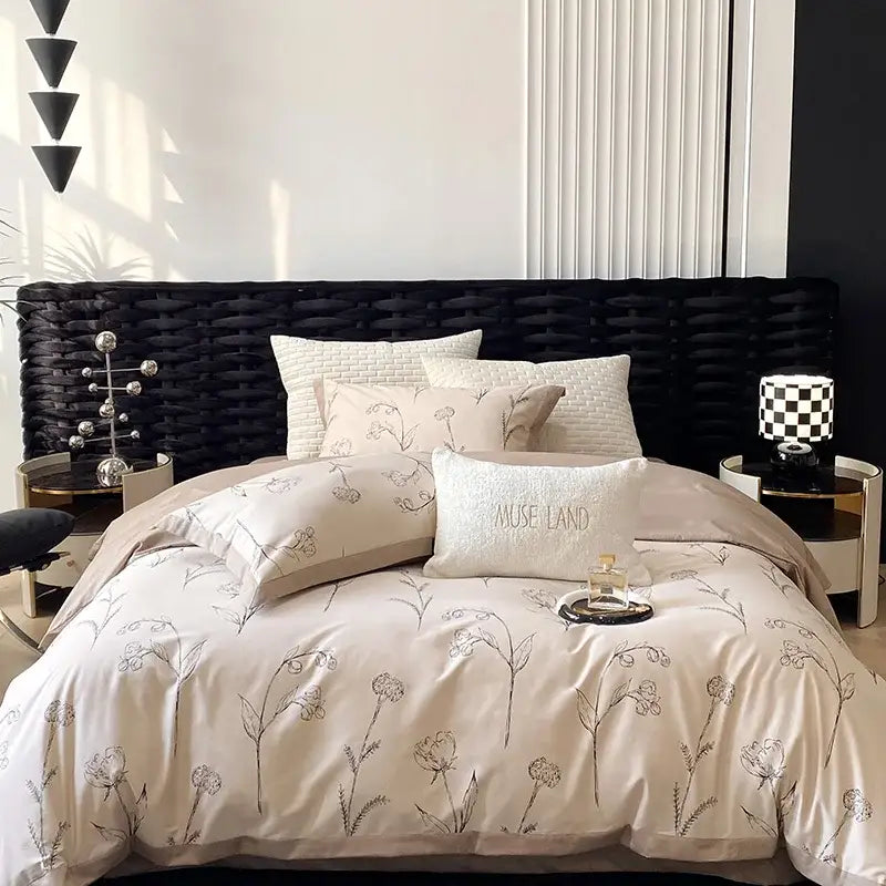 Beige floral patterned satin egyptian cotton bedding set with embroidered muse land pillow for bedroom use
