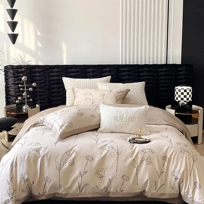 Beige floral patterned satin egyptian cotton bedding set with embroidered muse land pillow for bedroom use