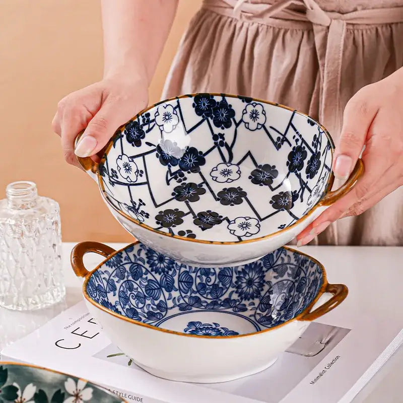 Floral blue and white ceramic double ear ramen soup bowl with gold-trimmed handles by decorbites ceramic double