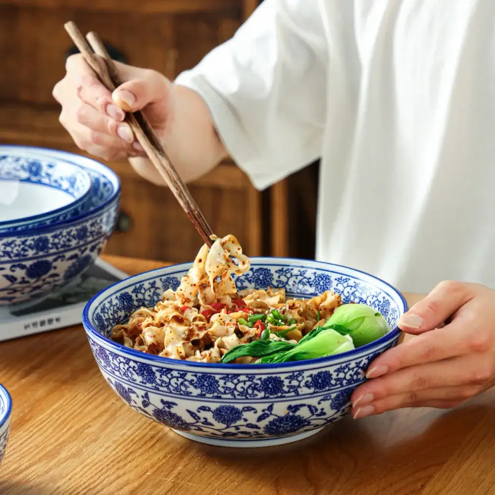Floral blue and white ceramic soup bowl with intricate floral patterns decorbites blue for dining room noodle dish