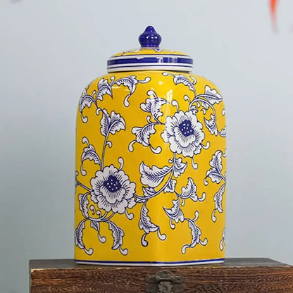 Vibrant yellow ceramic blue white porcelain general jar with intricate floral patterns and purple knob lid for decorbites blue white decor