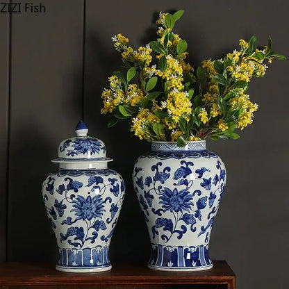 Blue and white porcelain tea canister with intricate floral patterns and lid for decorbites blue white dining room decor
