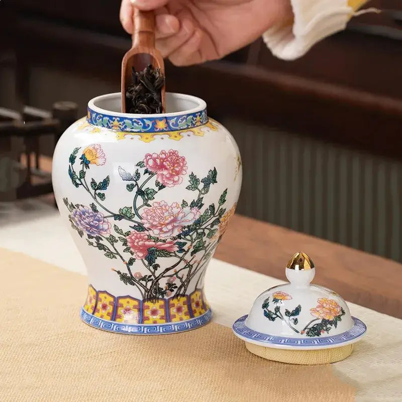 White porcelain tea caddy with hand-painted peonies and blue geometric borders for kitchen storage container use