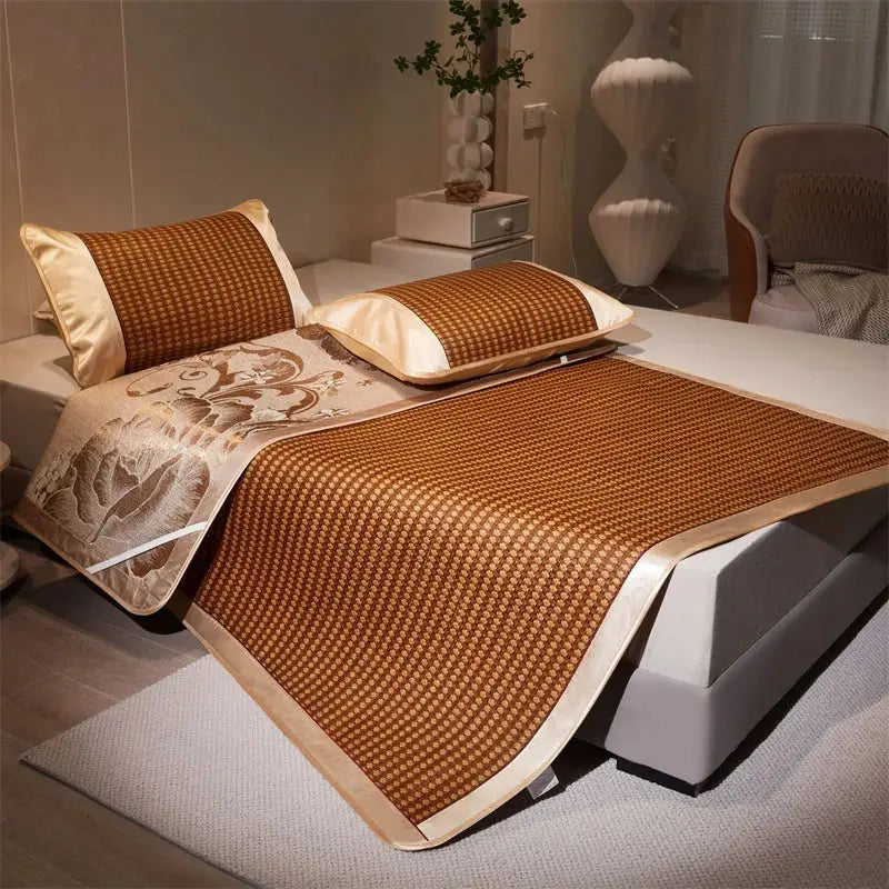 Brown woven cooling rattan mat with cream satin trim and floral embroidery for bedroom bed pad set