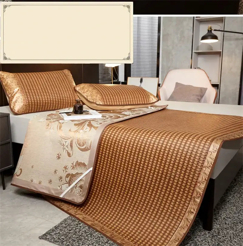 Brown woven cooling rattan mat with floral border and satin trim for bedroom bed pad and pillowcase set