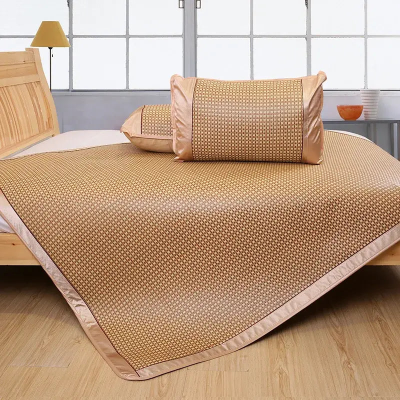 Beige woven bamboo cooling rattan mat with satin trim floral brown cooling rattan bedroom bed pad and pillowcase set