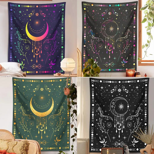 Four floral celestial moon phase tapestries with crescent moon and star designs in vibrant and monochrome colors for decorbites celestial moon bedroom wall decor