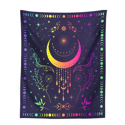 A vibrant rainbow-gradient celestial moon phase tapestry with floral motifs on deep purple for bedroom decorbites decor