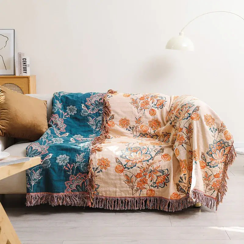 Beige and teal floral cotton bohemian throw blanket with fringe detailing for bedroom multi-color cover