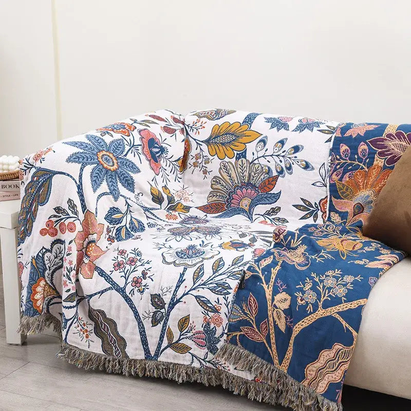 Floral cotton bohemian throw blanket with double cotton material white base navy blue and multicolor botanical patterns