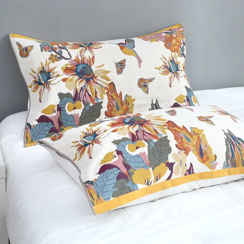 Floral cotton summer pillowcases with vibrant butterfly pattern cream base yellow trim from decorbites cotton summer blanket set
